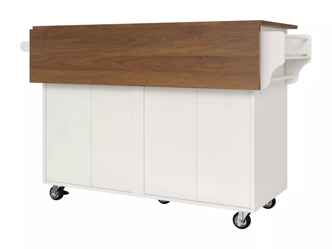Ilot central de cuisine - chariot à roulette avec plateau extensible - 1 tiroirs et 2 portes - Blanc