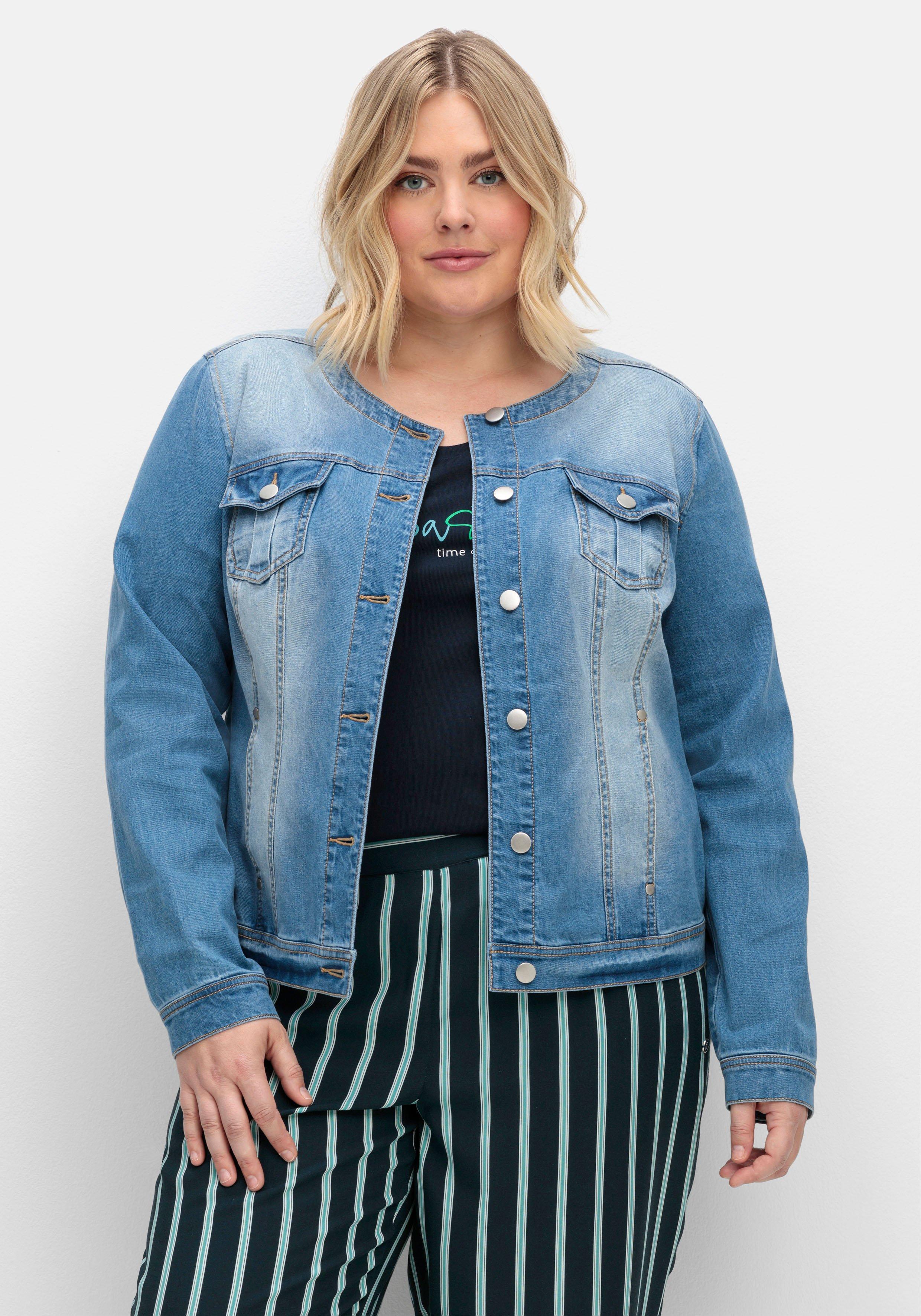 Jeansjacke in kragenloser Form, mit Waschung