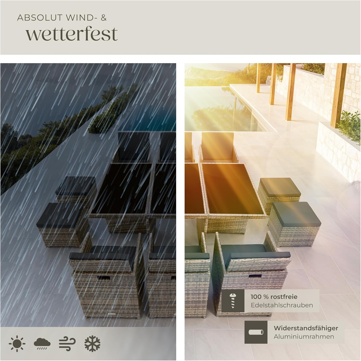 tectake Polyrattan Gartenmöbel Set, Sitzgruppe mit 6 Stühle +1 Glasplatte Tisch + 4 Hocker, Gartenlounge Set klappbar, für bis zu 10 Personen, Balkon Möbel, inkl. 2 Bezugsset - Natur