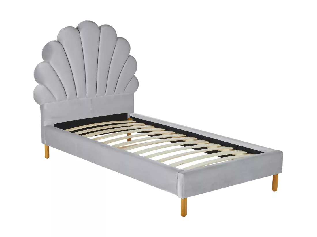 Lit coquillage 90 x 190 cm - Velours - Gris clair - MOANA