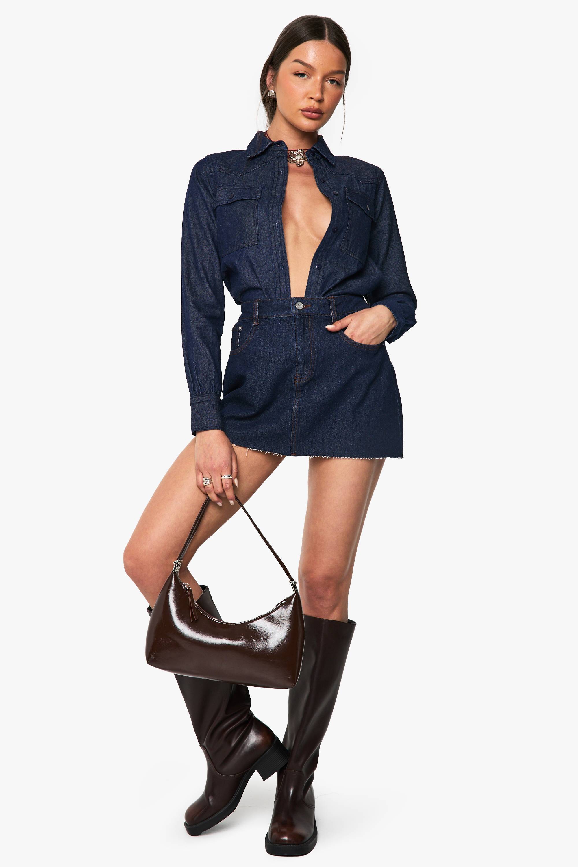 boohoo Chemise Western à manches longues en chambray denim