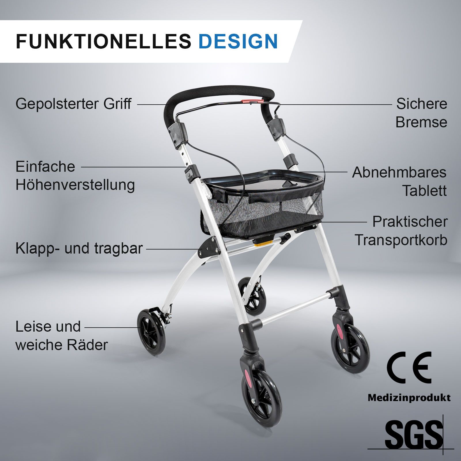 Casa Soft Rollator schmal für Wohnung & Innenbereich Weiß