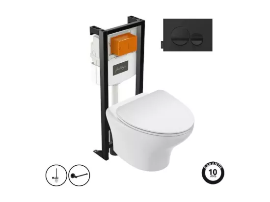 Pack WC suspendu sans bride compact JACOB DELAFON Nouvelle vague+ bâti-support + plaque Noir brillant/Noir mat + accessoires