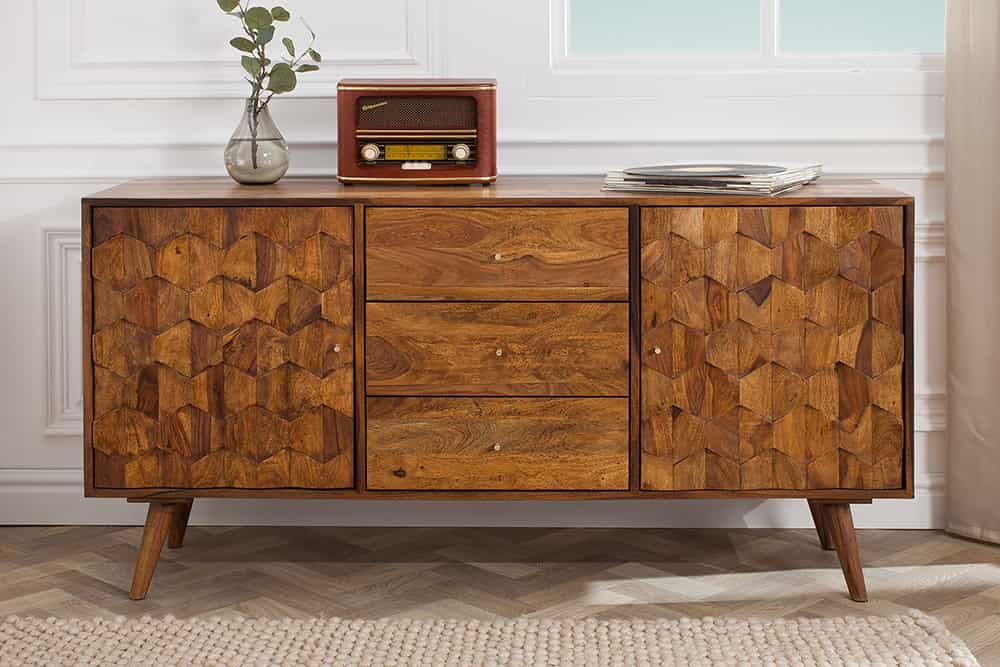 Massivholz Sideboard MYSTIC LIVING 145cm braun Sheesham stone finish Kommode Schubladen