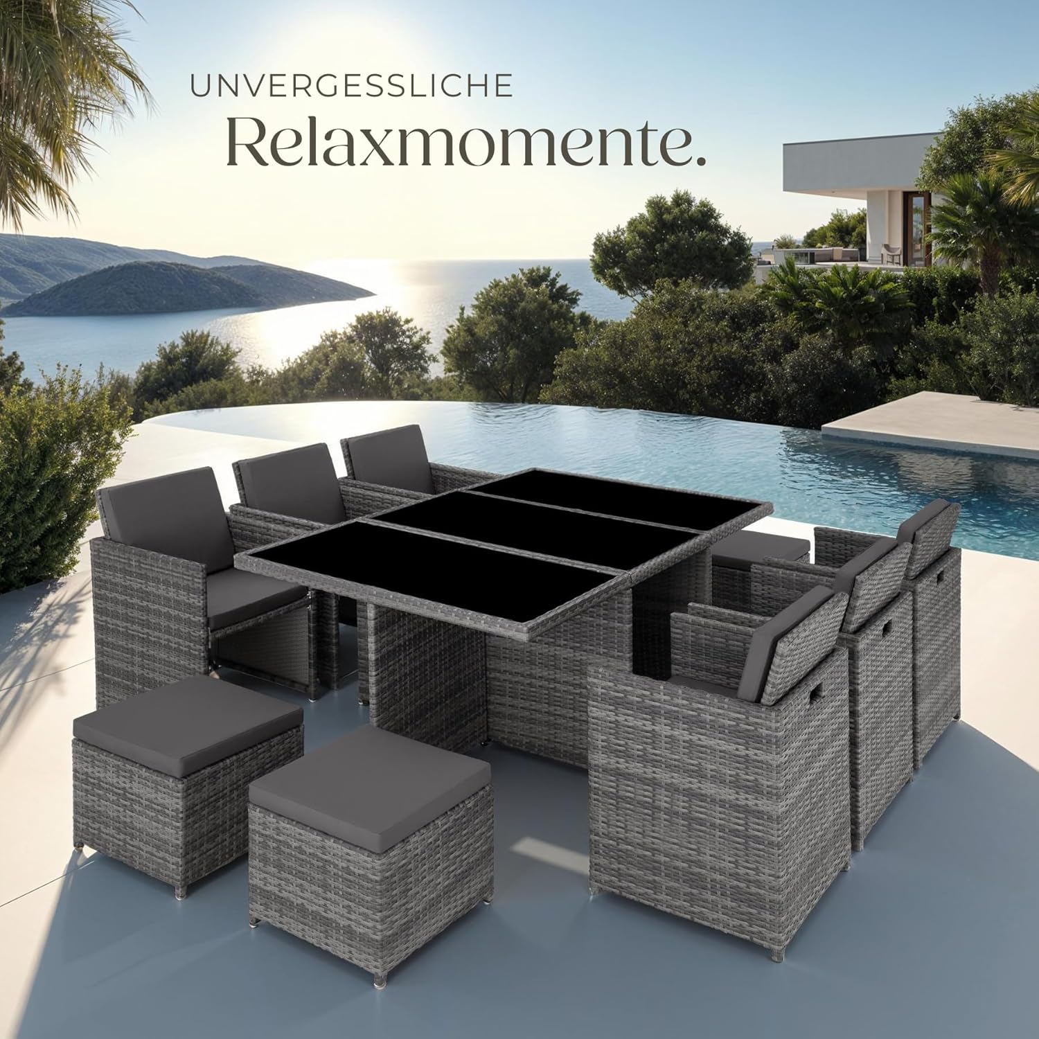tectake Polyrattan Gartenmöbel Set, Sitzgruppe mit 6 Stühle +1 Glasplatte Tisch + 4 Hocker, Gartenlounge Set klappbar, für bis zu 10 Personen, Balkon Möbel, inkl. 2 Bezugsset - grau