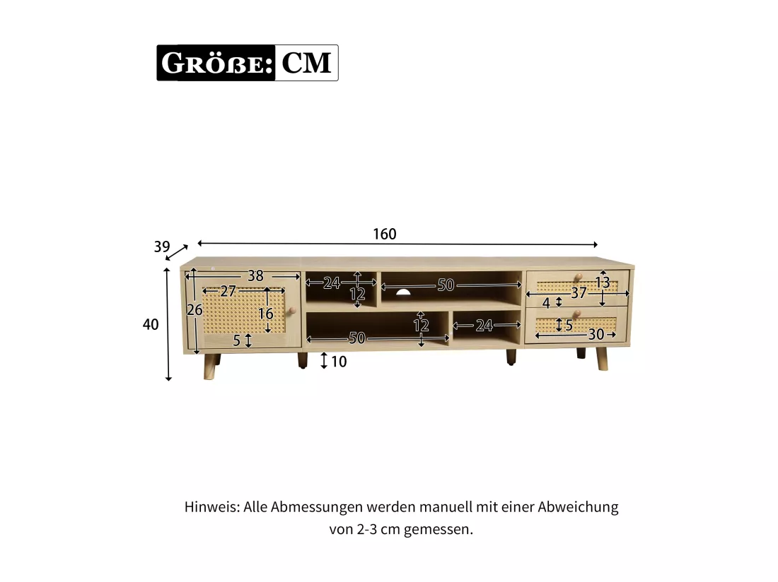 Meuble TV Premium 160 cm en rotin couleur bois brut pour téléviseur 70 pouces - gestion des câbles, 2 tiroirs, 1 porte