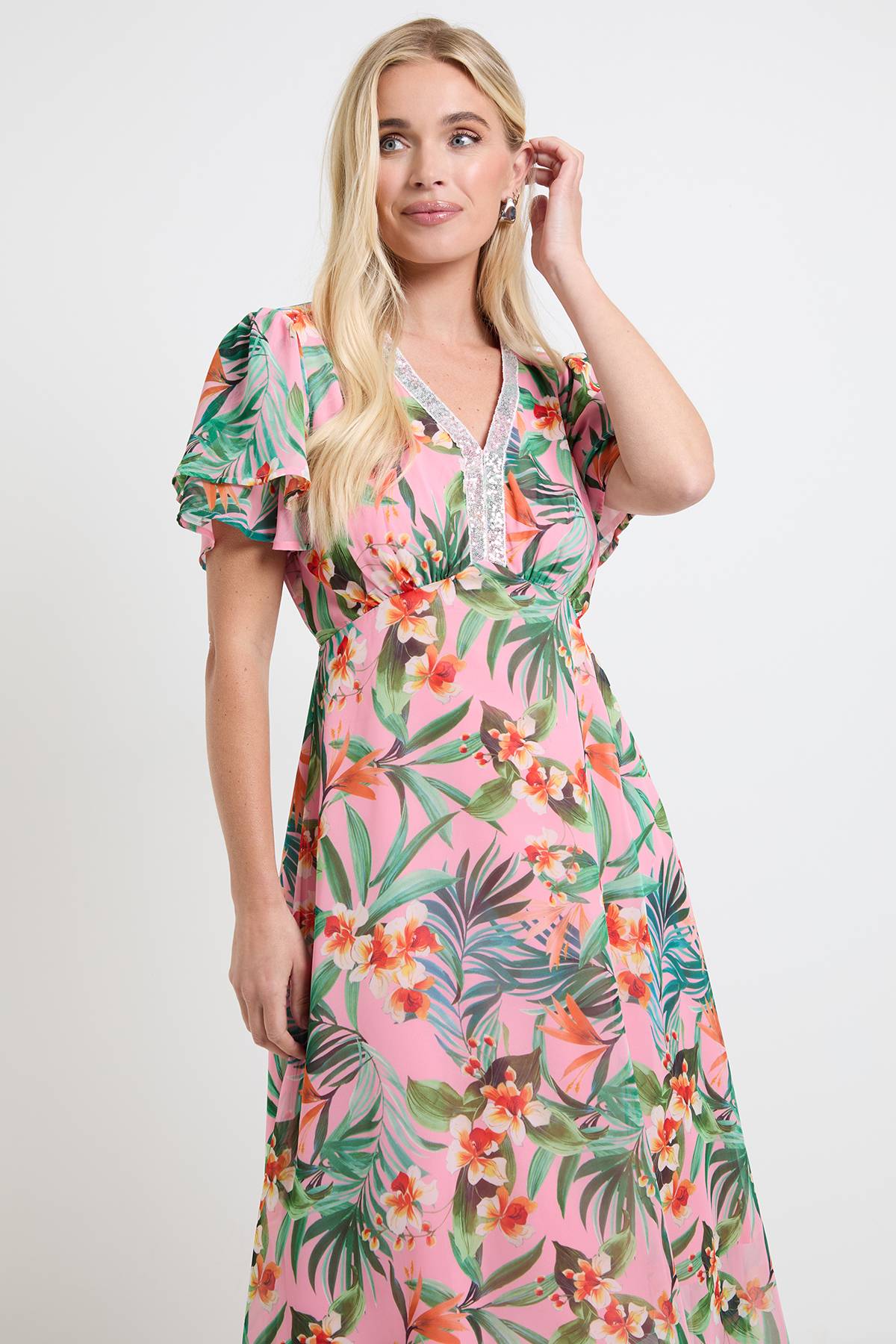 Wallis Robe Midi En Mousseline Florale Avec Sequins Petite Taille