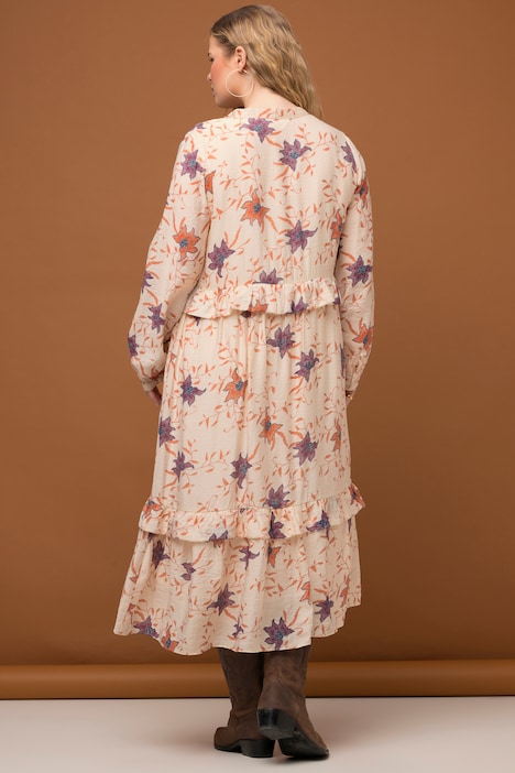 Maxikleid, A-Line, Blumen Print, Rüschen, Tunika-Ausschnitt, Langarm