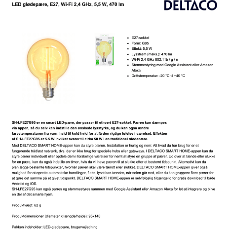 Deltaco E27 Smart Filament LED glødepære (Hvid)