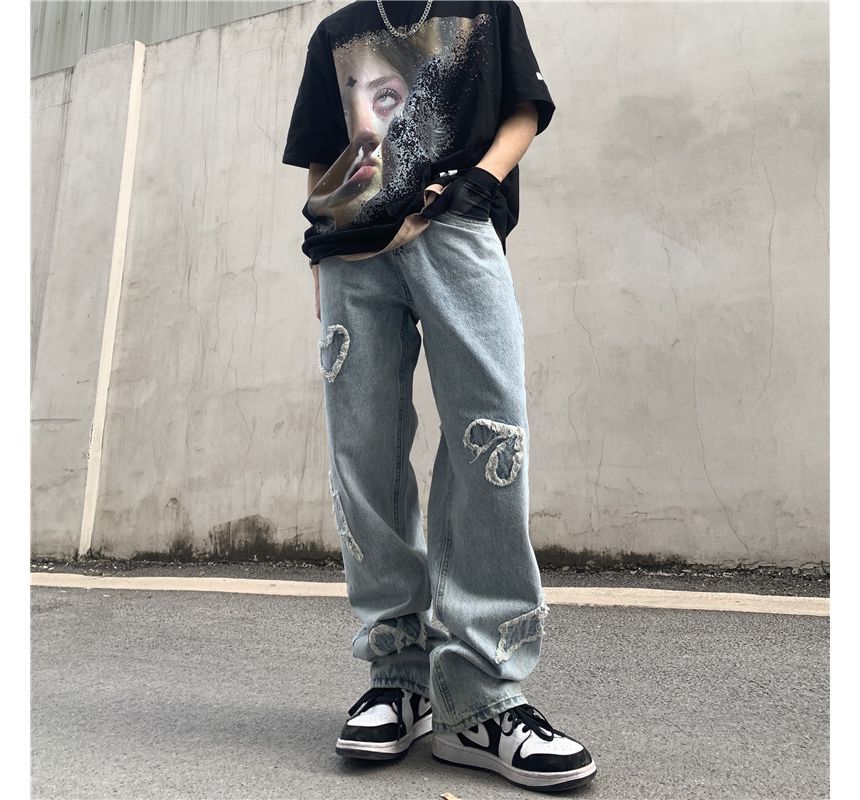 GRAYCIOUS - Mid Rise Washed Heart Embroidered Wide Leg Jeans