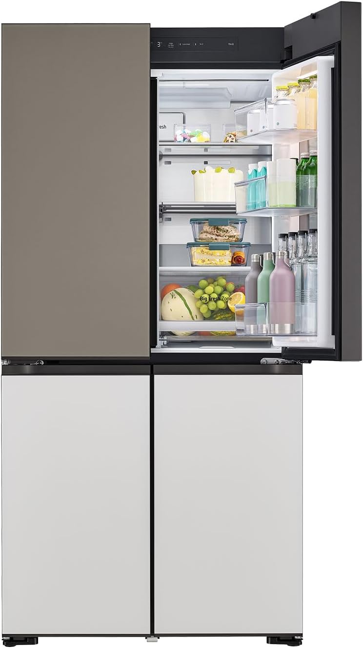 LG GMV960NNME, Klasse E, 617 L, MoodUp Multi-Door Kühlschrank mit InstaView, indivuell einstellbarer Farbänderungen, Musik Kollektion, LCD Display, Total No-Frost, Kompressor mit 10 Jahren Garantie
