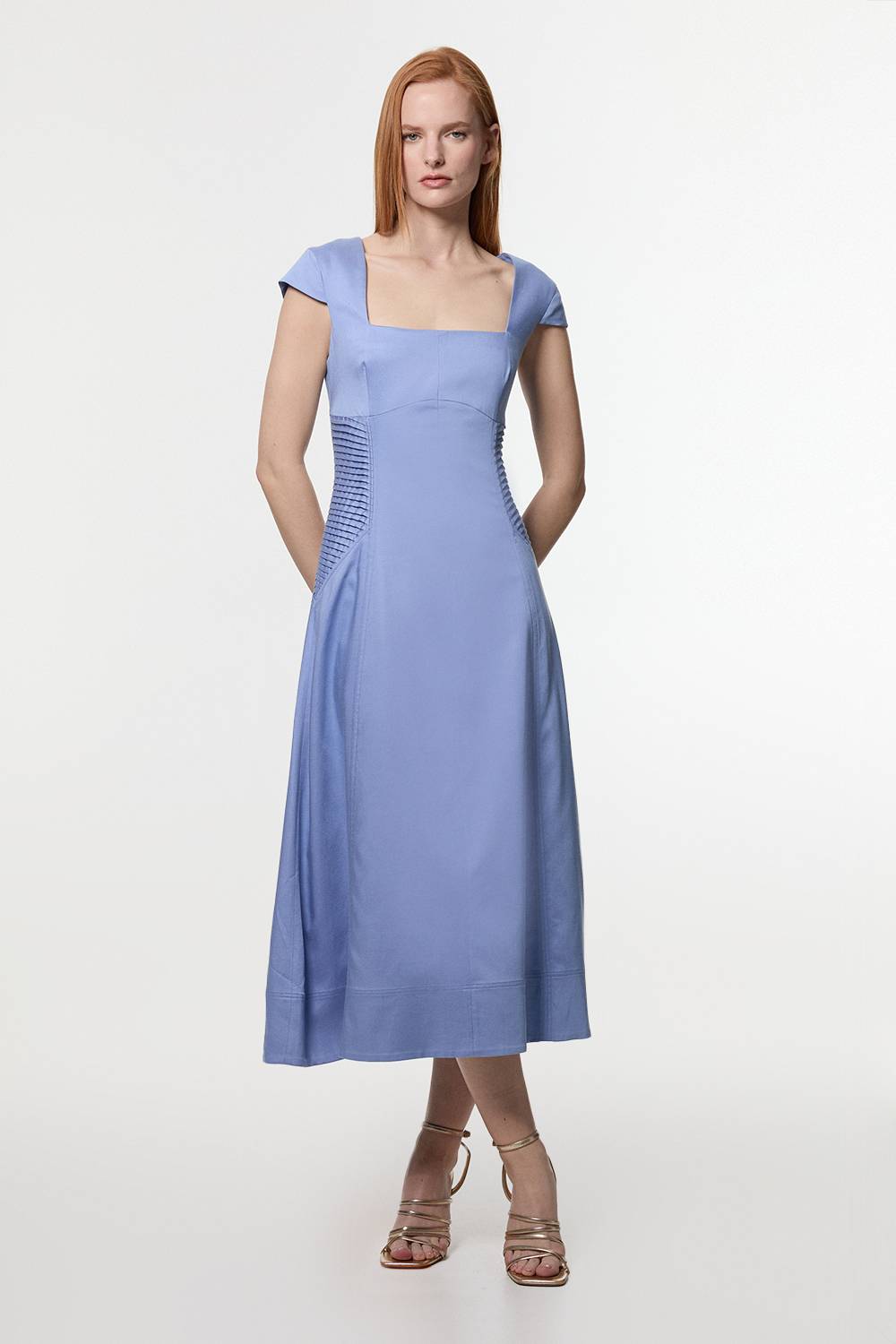 KarenMillen Robe midi sur mesure en lin premium avec détails pintuck et jupe ample