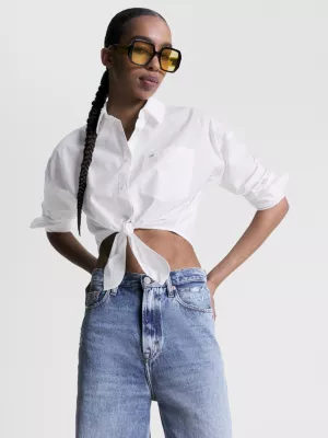 Camisa cropped de popeline com nó frontal