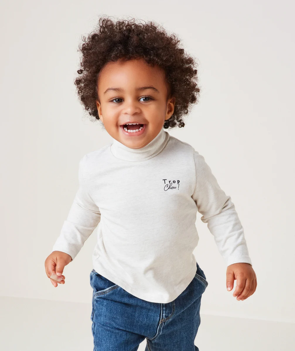 SOUS-PULL BÉBÉ GARÇON EN COTON BIO GRIS CHINÉ ET MESSAGE