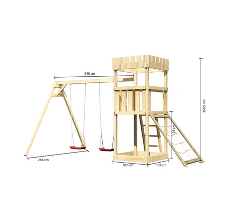 Speeltoren/speelhuis Karibu, 107 x 107 cm, van hout, bestaande uit 2 schommelsets en een nethelling.