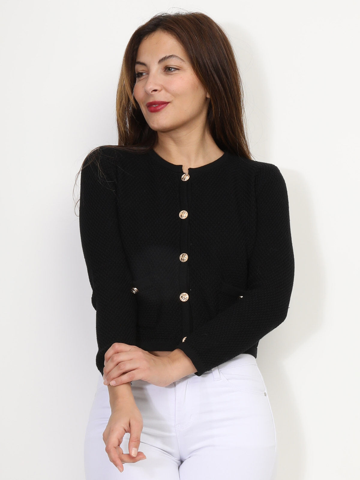 Cardigan court à boutons dorés- Noir