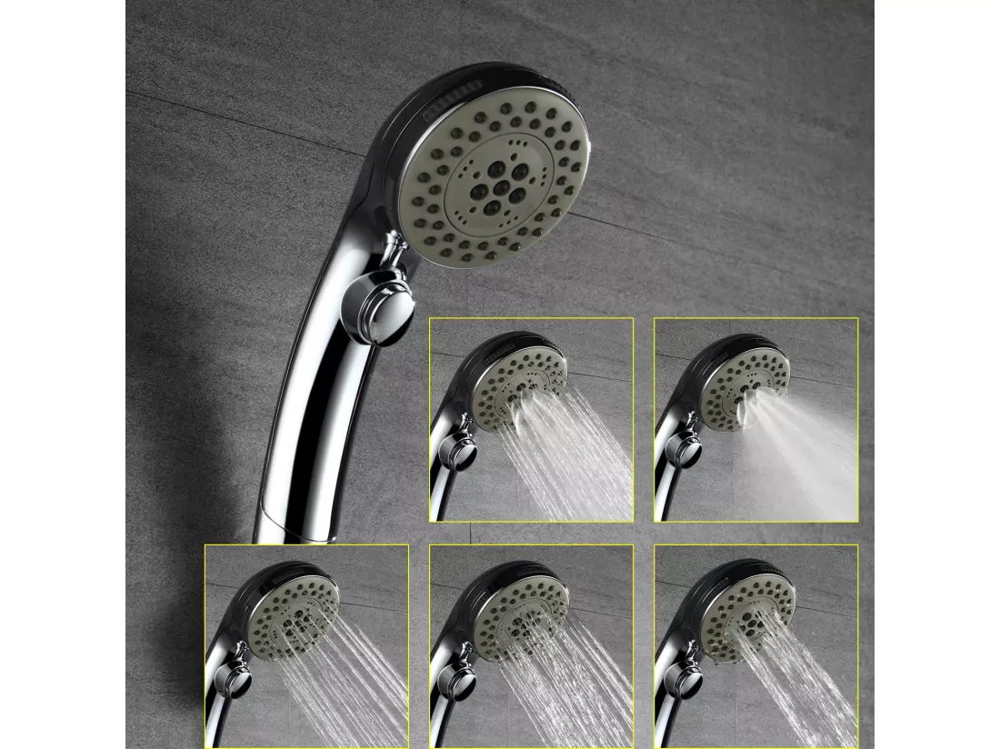 Pommeau de Douche Chromé avec Bouton Stop Douchette à Main 5 Jets au Choix Pomme de Douche Picots Anticalaire Type Universel