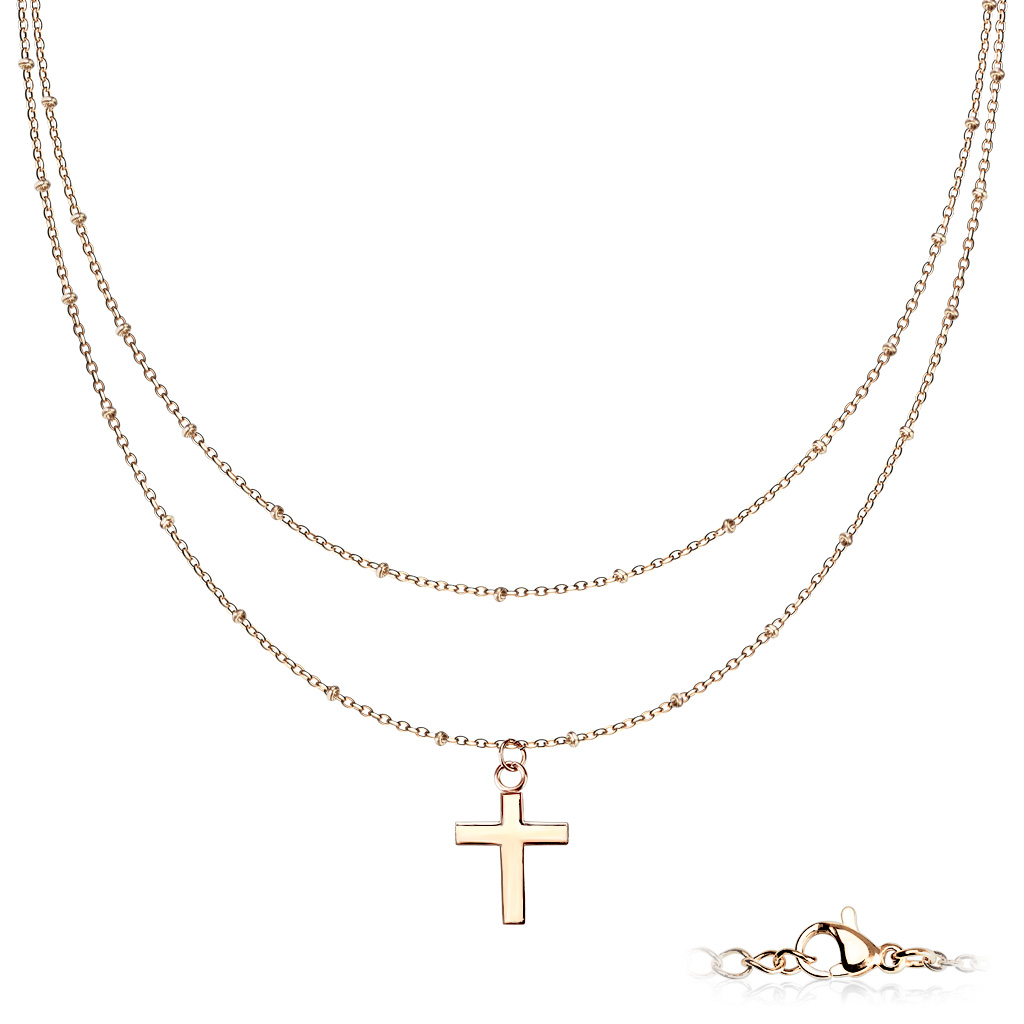 (50cm) Zweireihige Edelstahl Damen Halskette mit Kreuz Anhänger - Roségold