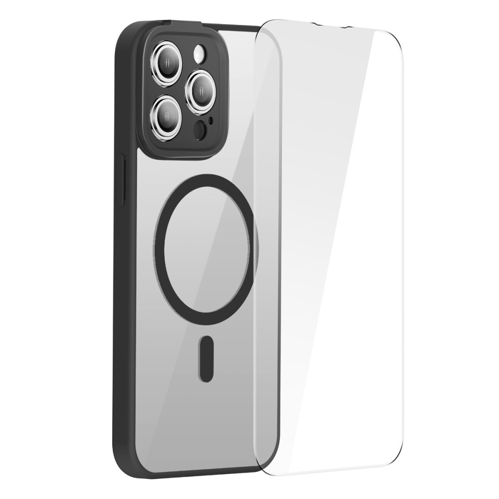 iPhone 14 Pro Max MagSafe Crystal Hardcase Hülle mit Kameraschutz   Display Panzerglas - Transparent / Schwarz