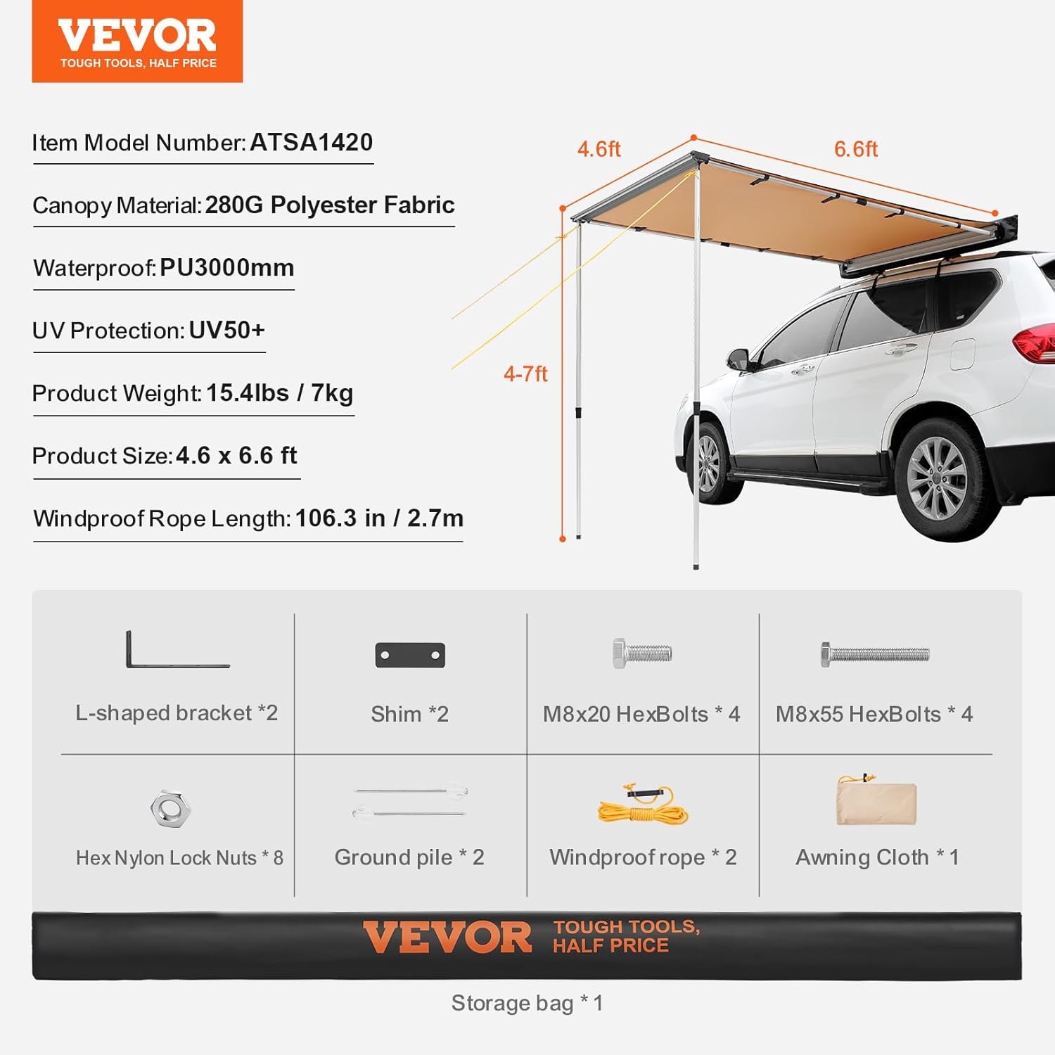 VEVOR Sonnensegel Wohnwagen 1,4x2m Sonnenvordach Wohnmobil UV50+ UV-Schutz Markise 280-g-Polyestergewebe Vorzelt PU3000mm Wasserdicht inkl. PVC-Tasche Ideal für Camping Familientreffen Ausflüge