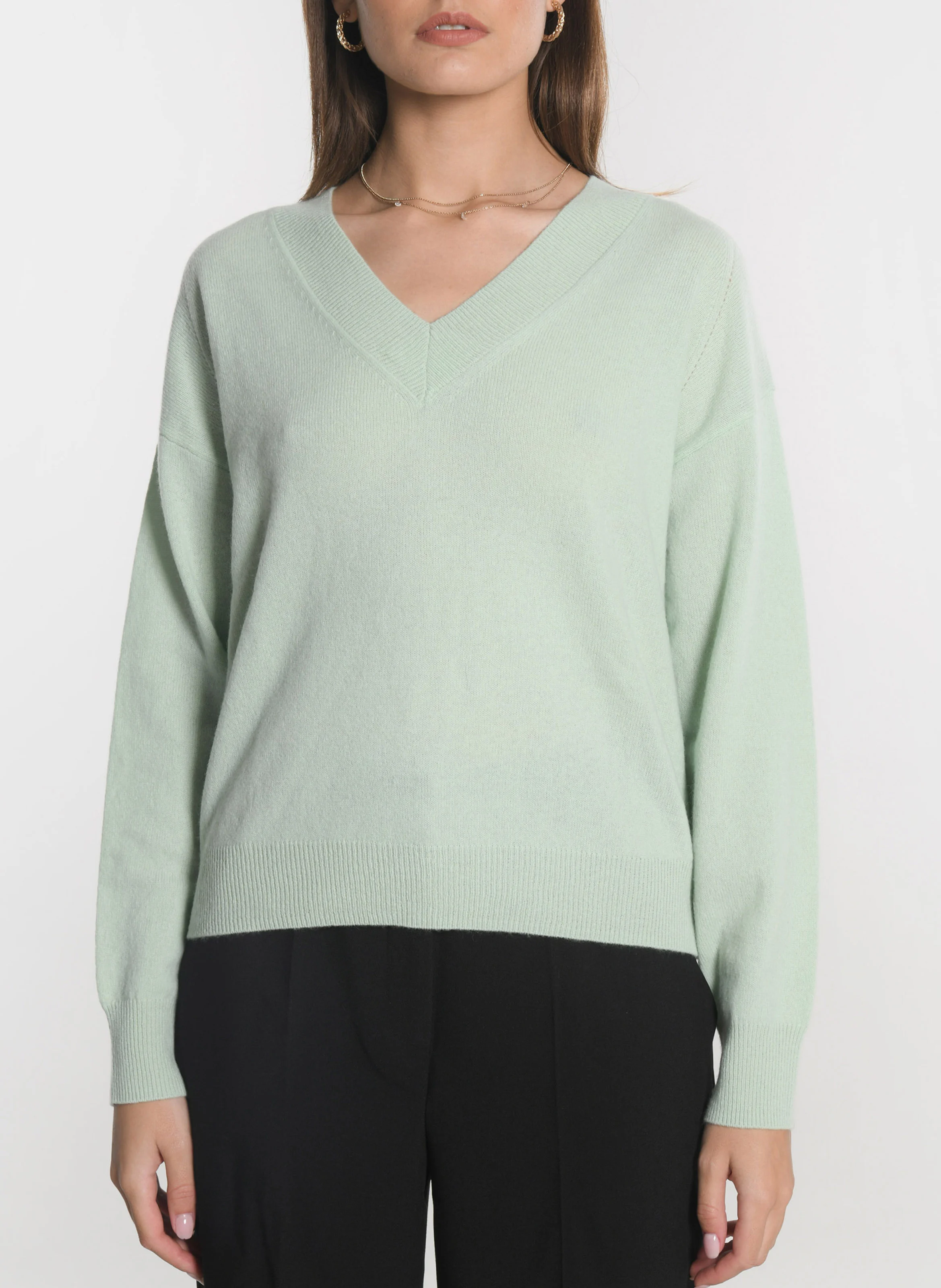 ANITA - Pull ample col V en laine et cachemire | Vert