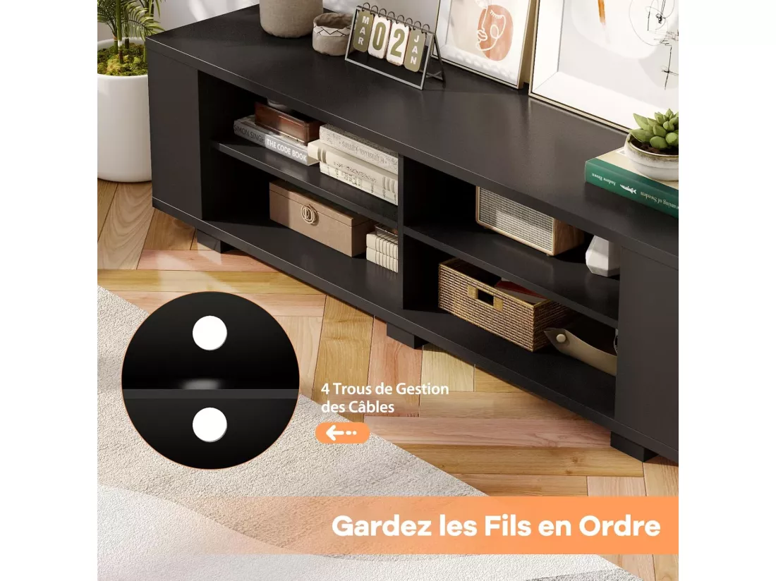 Meuble TV avec 6 Compartiments, Banc TV pour TV Jusqu'à 65 Pouces, 4 Trous de Gestion des Câbles, Étagères Réglables, pour Salon, Chambre, 150 x 39 x 45 cm (Noir)