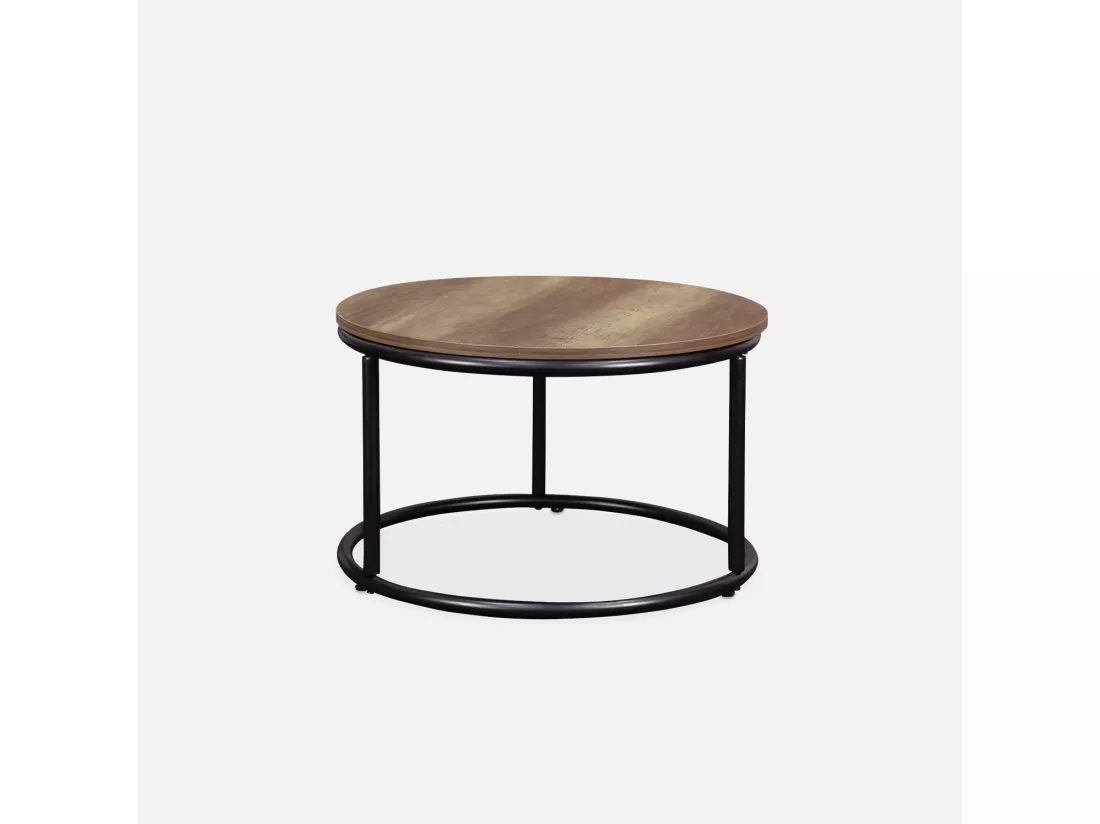 Lot de 2 tables gigognes rondes métal noir. décor bois - Loft - encastrables. 1x Ø77 x H 40cm / x1 Ø57 x H 35cm