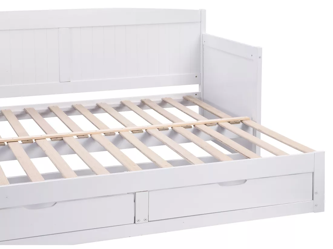 Lit gigogne banquette 90 x 190 ou 180 x 190 cm - Avec sommier peigne et tiroirs - Pin et MDF - Blanc + Matelas - DINIVA
