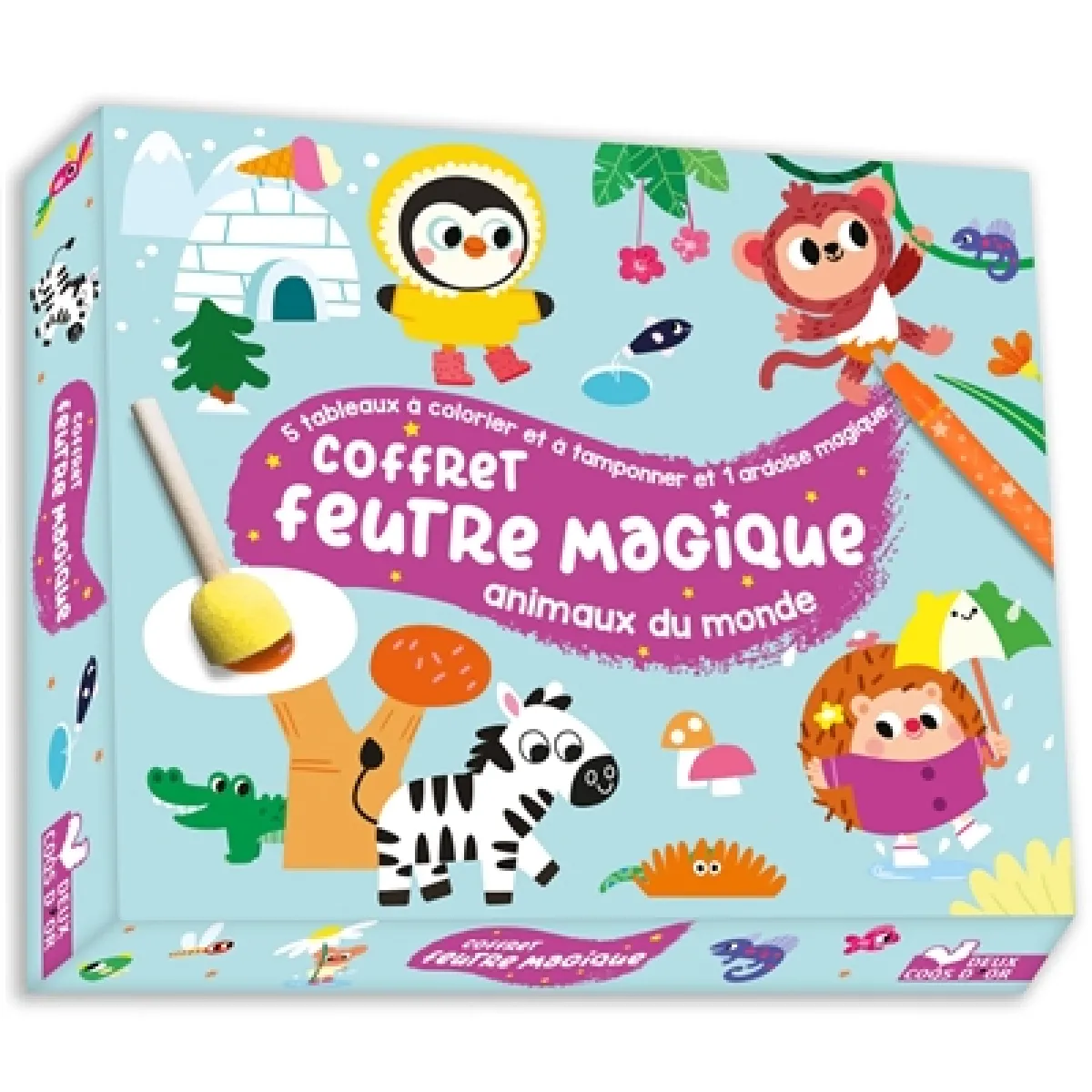 Coffret feutre magique animaux du monde : 5 tableaux à colorier et tamponner et 1 ardoise magique