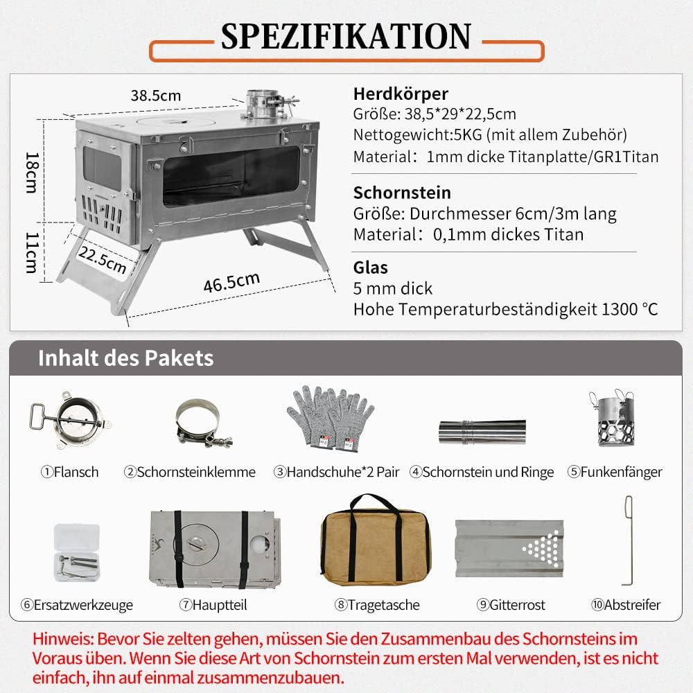 TOMOUNT Zeltofen Titanium Ofen Titan Kompakt 38,5cm Holzofen Tragbar Campingherde mit 3M Schornsteinrohr Holzkocher für Zelte, Unterkünfte und Camping