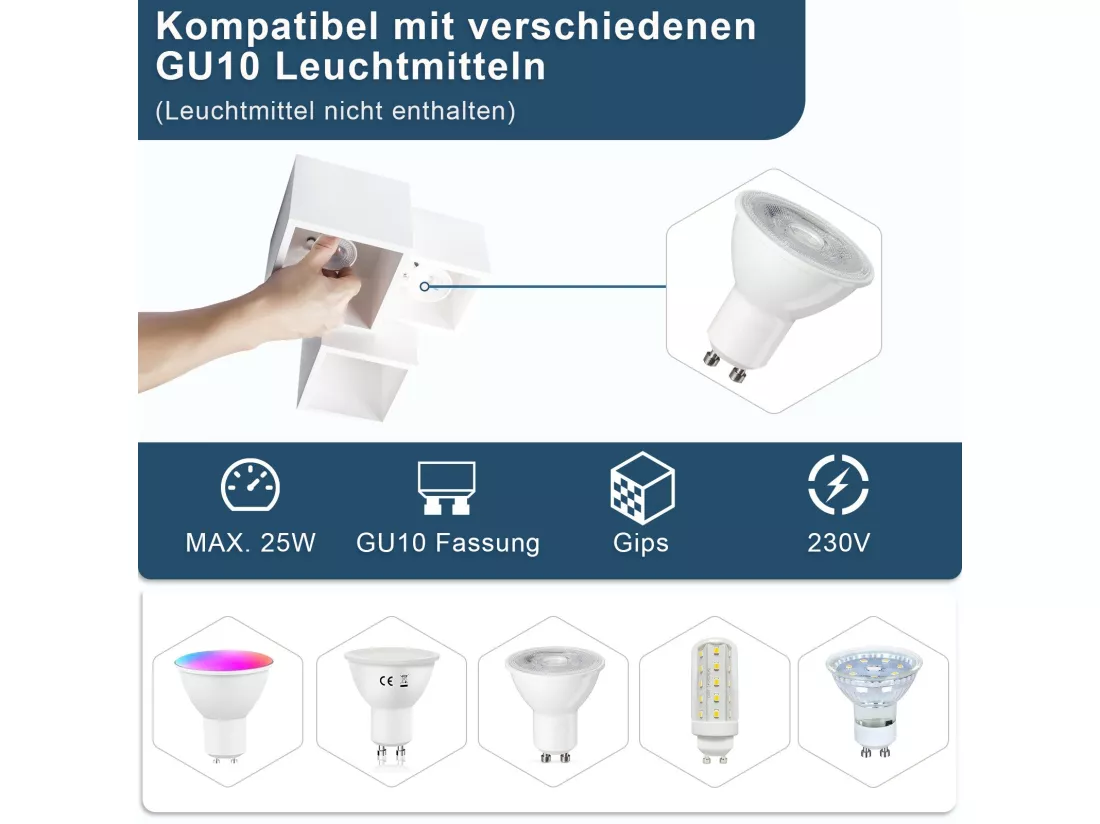 NETTLIFE Spot en saillie blanc GU10 spot en saillie carré 40W plâtre petit plafonnier moderne