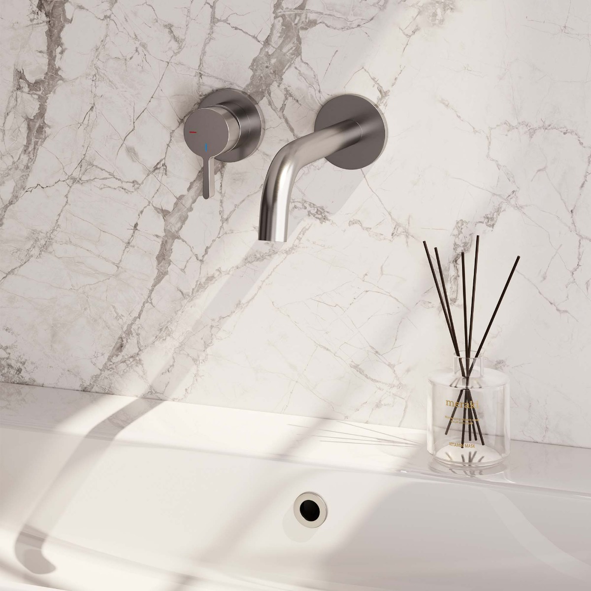 Brauer Brushed Edition ColdStart wastafelkraan inbouw gebogen uitloop en rozetten model E2 RVS geborsteld PVD