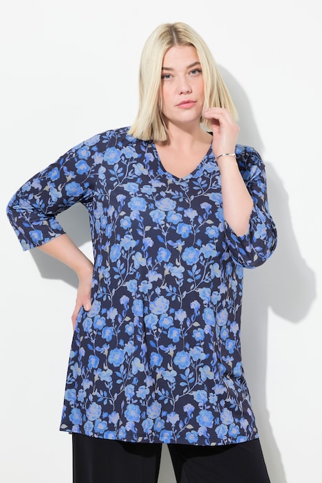 Longshirt, A-Linie, Blumenmuster, V-Ausschnitt