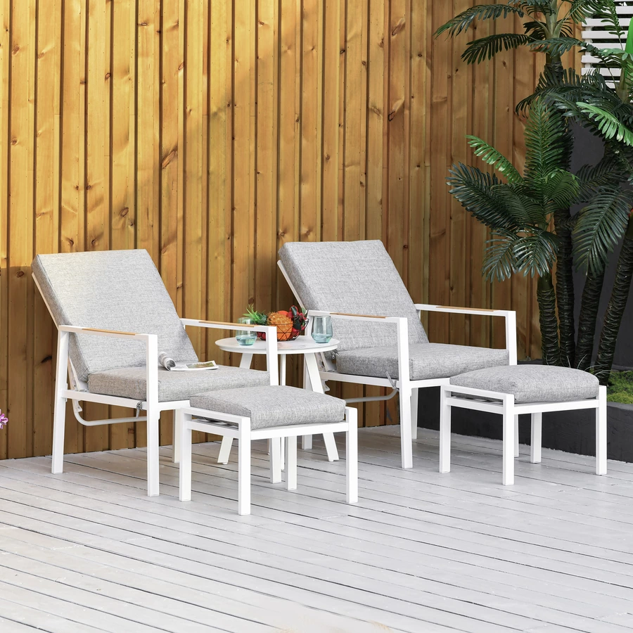 Outsunny Gartenmöbelset 5-Teilig, Liegestuhl mit Tisch, rutschfest GrauWeiß
