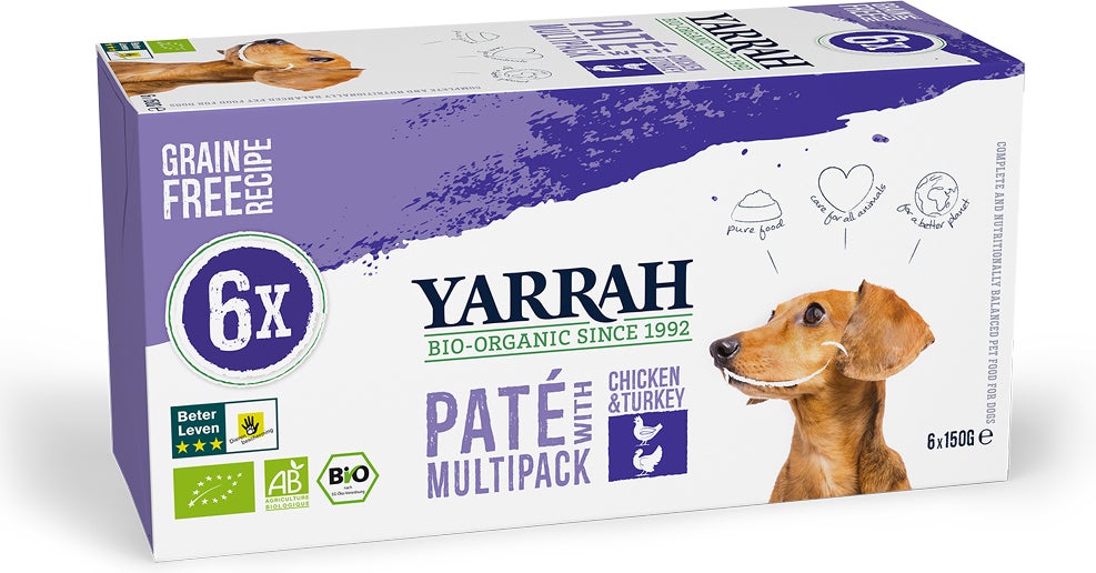 Yarrah biologisch hondenvoer paté kip en kalkoen multipack 150 g 6 stuks