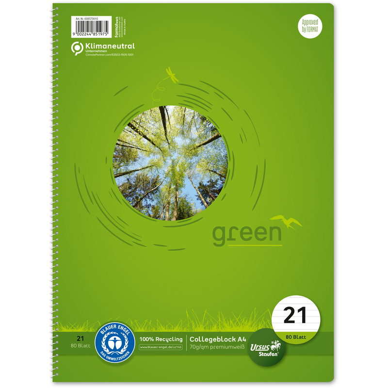 Ursus Green Collegeblock, A4, liniert, grün