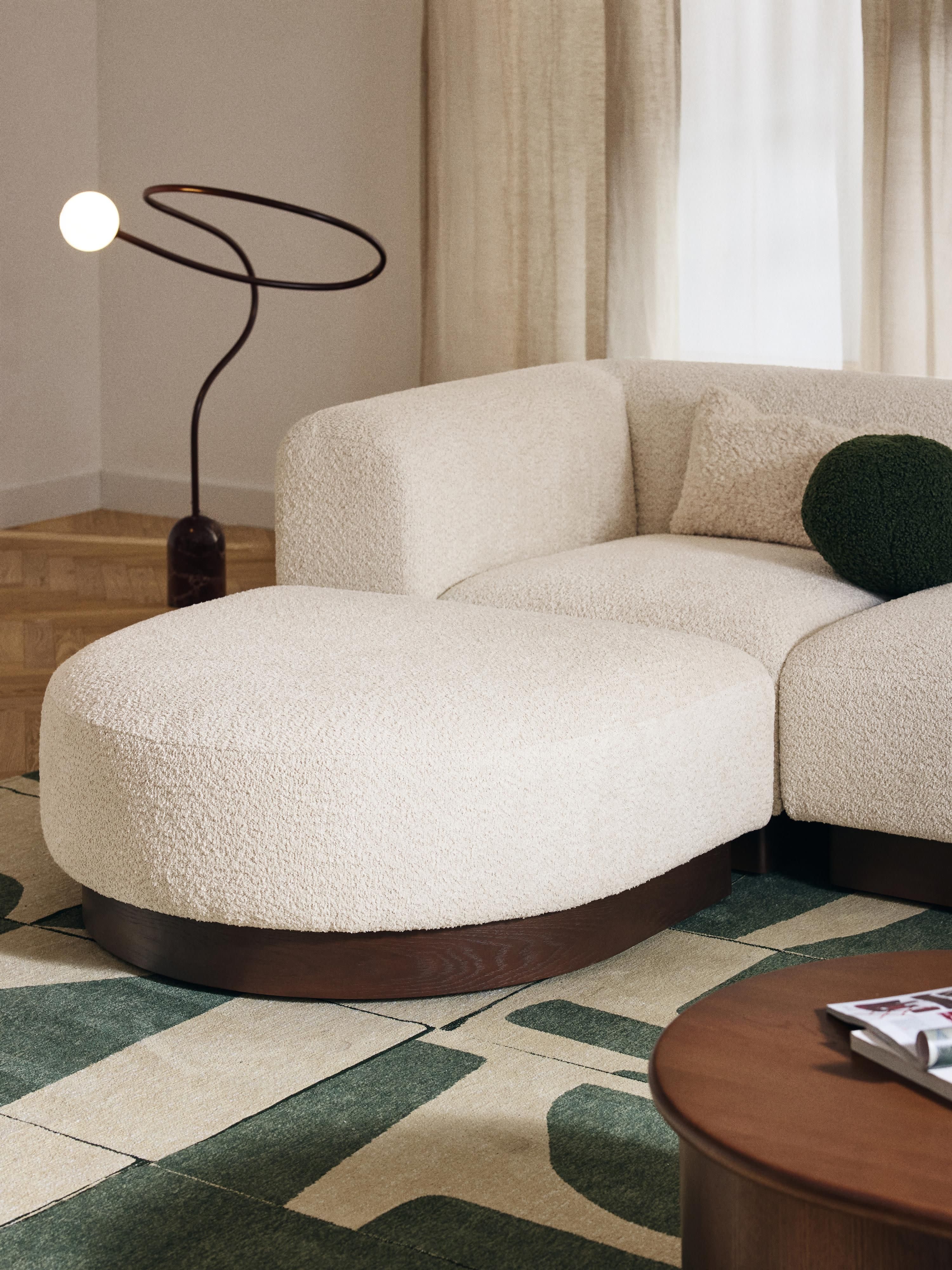 Modulaire bank Natalie (3-zits) uit teddy-bouclé met poef (links/rechts)