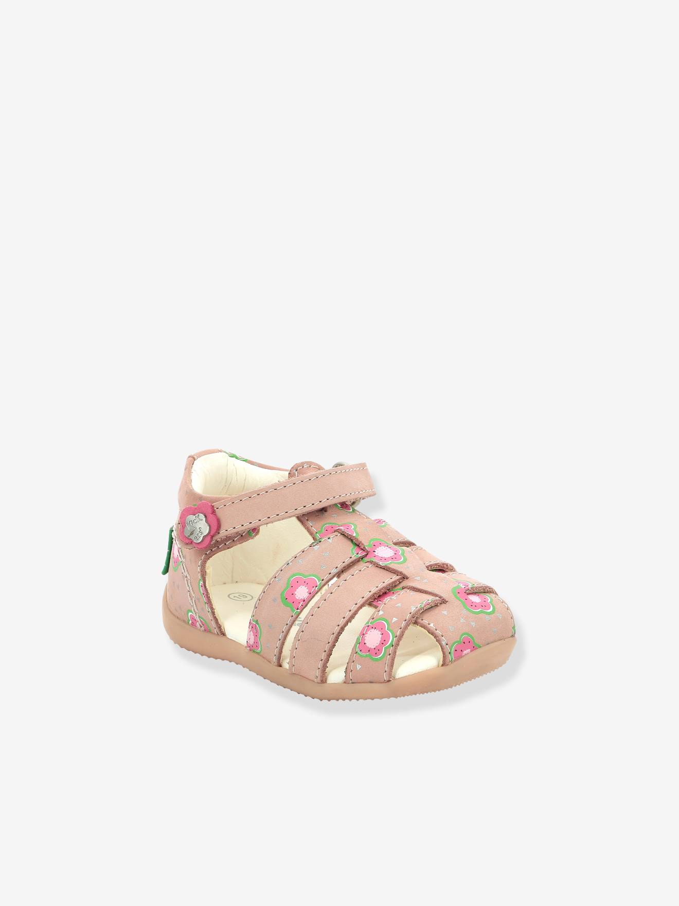 Sandálias de couro infantil KICKERS® Bigflo-2 Iconique Biboo, estampa rosa claro