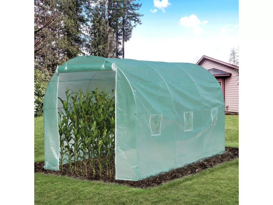 Serre de jardin tunnel surface sol 8 m² 4L x 2l x 2,10H m châssis tubulaire renforcé porte zippée 6 fenêtres enroulables vert
