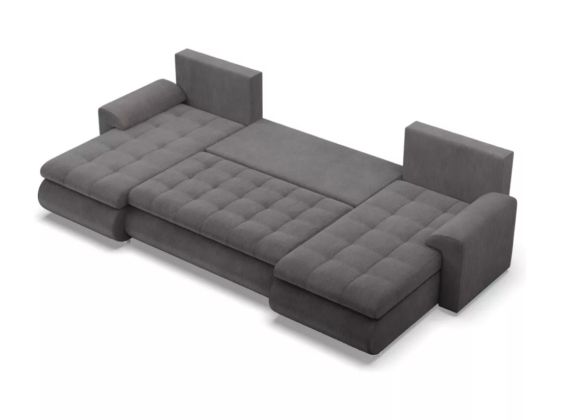 Canapé d'angle en U avec fonction sommeil, 2 méridiennes, Cord - Gris foncé