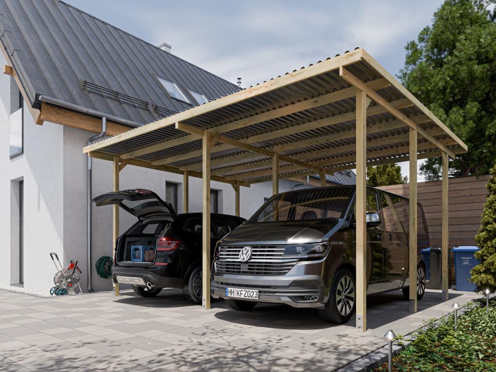 Holz Doppel Carport | 595 x 495 cm | 290 cm hoch | Fichte Kiefer Carport | mit UV-Schutz | 9er Pfosten | inkl. Dacheindeckung