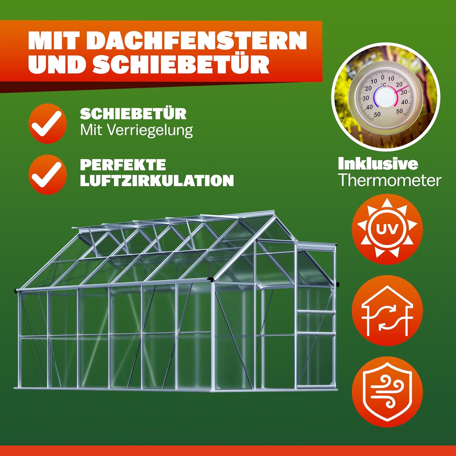 GARDEBRUK® Gewächshaus Aluminium 7,2m² 380x190cm inkl. 4 Dachfenster Tomatenhaus Treibhaus Anzuchthaus Garten Frühbeet Pflanzenhaus Aufzucht 11,73m³