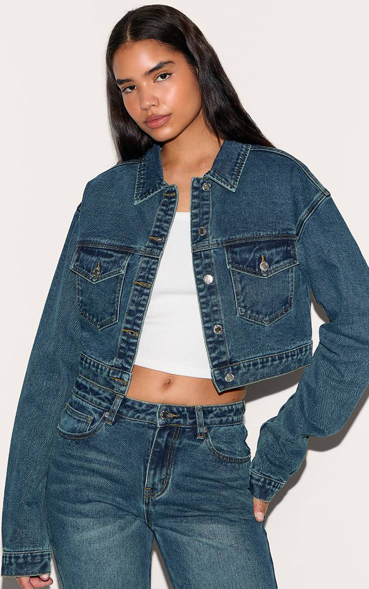 Dark Blue Wash Veste En Jean Courte Avec Détails De Poches Pour Grandes Tailles