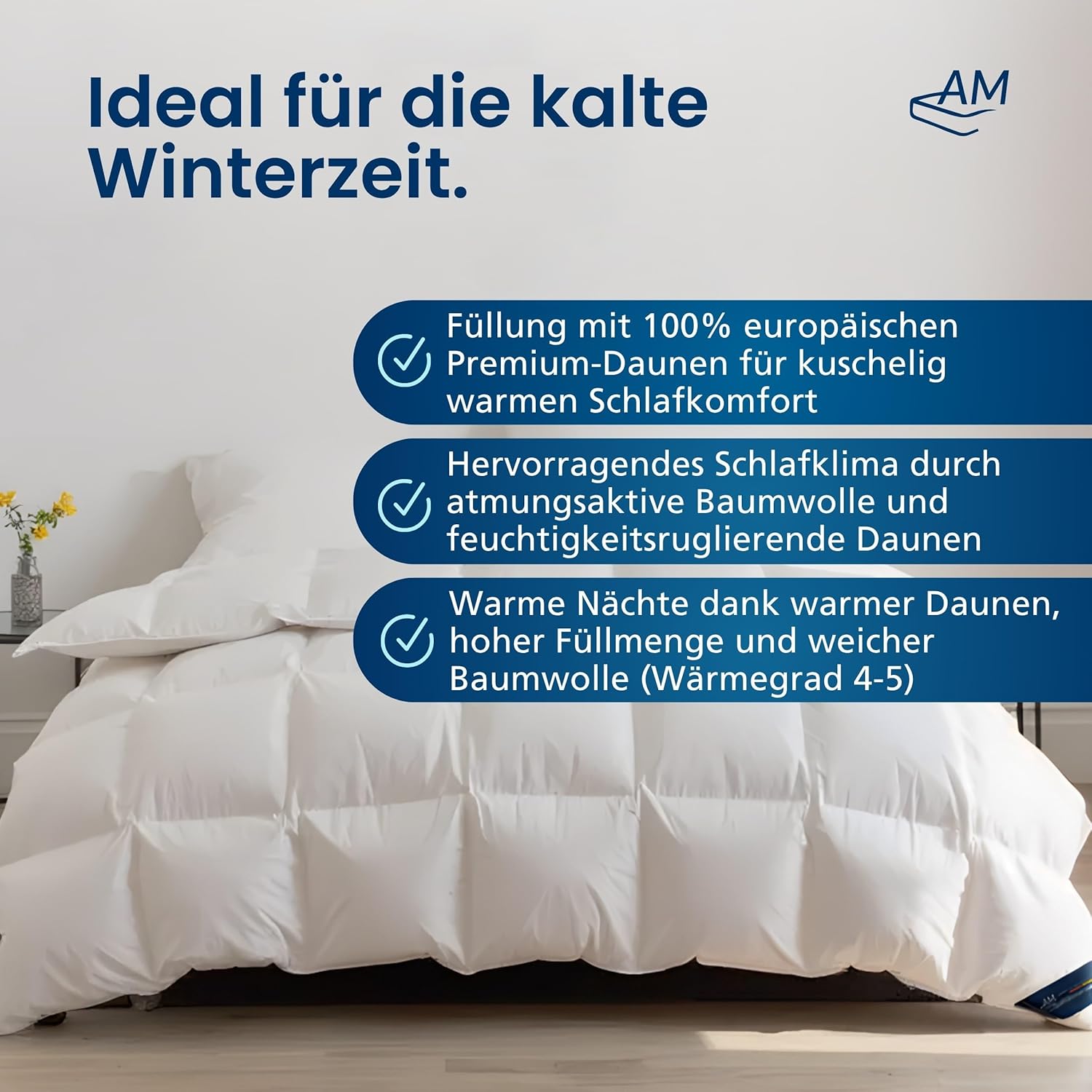 Daunendecke 135x200 Winter - Made in Germany - 100% Extraweiche Daunen - Kuschelige Winterdecke 135x200cm - Oeko-TEX zertifizierte Federbettdecke 135x200cm - Bettdecke warm 135 x 200