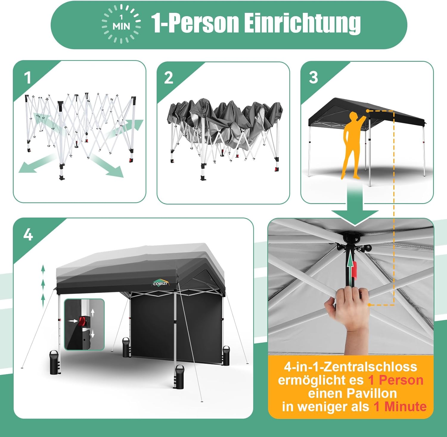 COBIZI Pavillon 3x3m, Faltpavillon 3x3 Wasserdicht Stabil One Push Pop up Carport Partyzelt mit 1 Seitenteilen & 4 Sandsack, 3 höhenverstellbar,Gartenpavillon für Camping Hochzeit UV-Schutz, Schwarz
