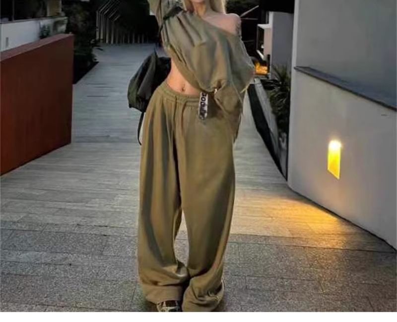Bolgivy - Set: Cold Shoulder Plain Crop Sweatshirt + Drawstring Waist Plain Wide Leg Sweatpants