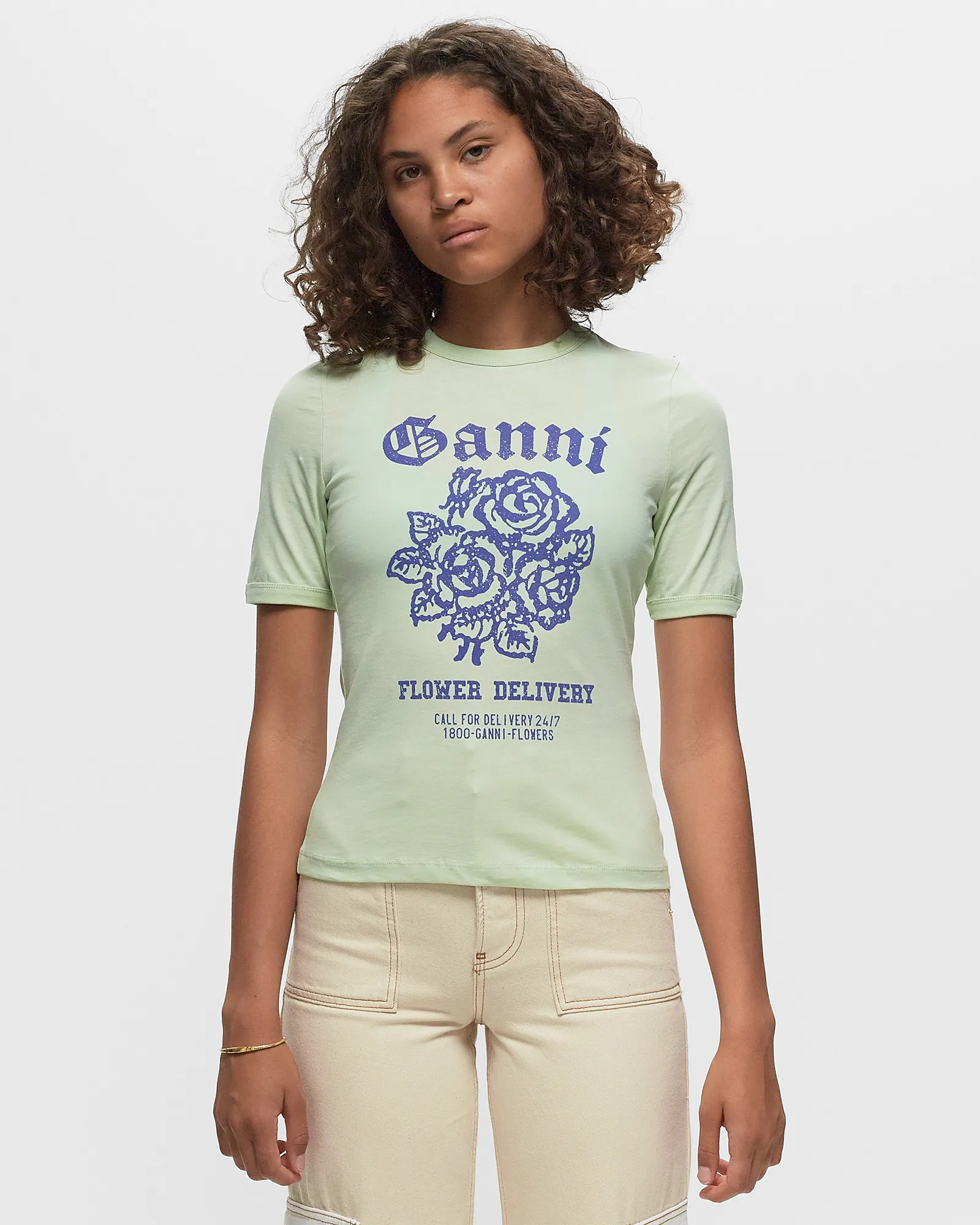 Ganni Light Cotton Jersey Flower Fitted T-shirt