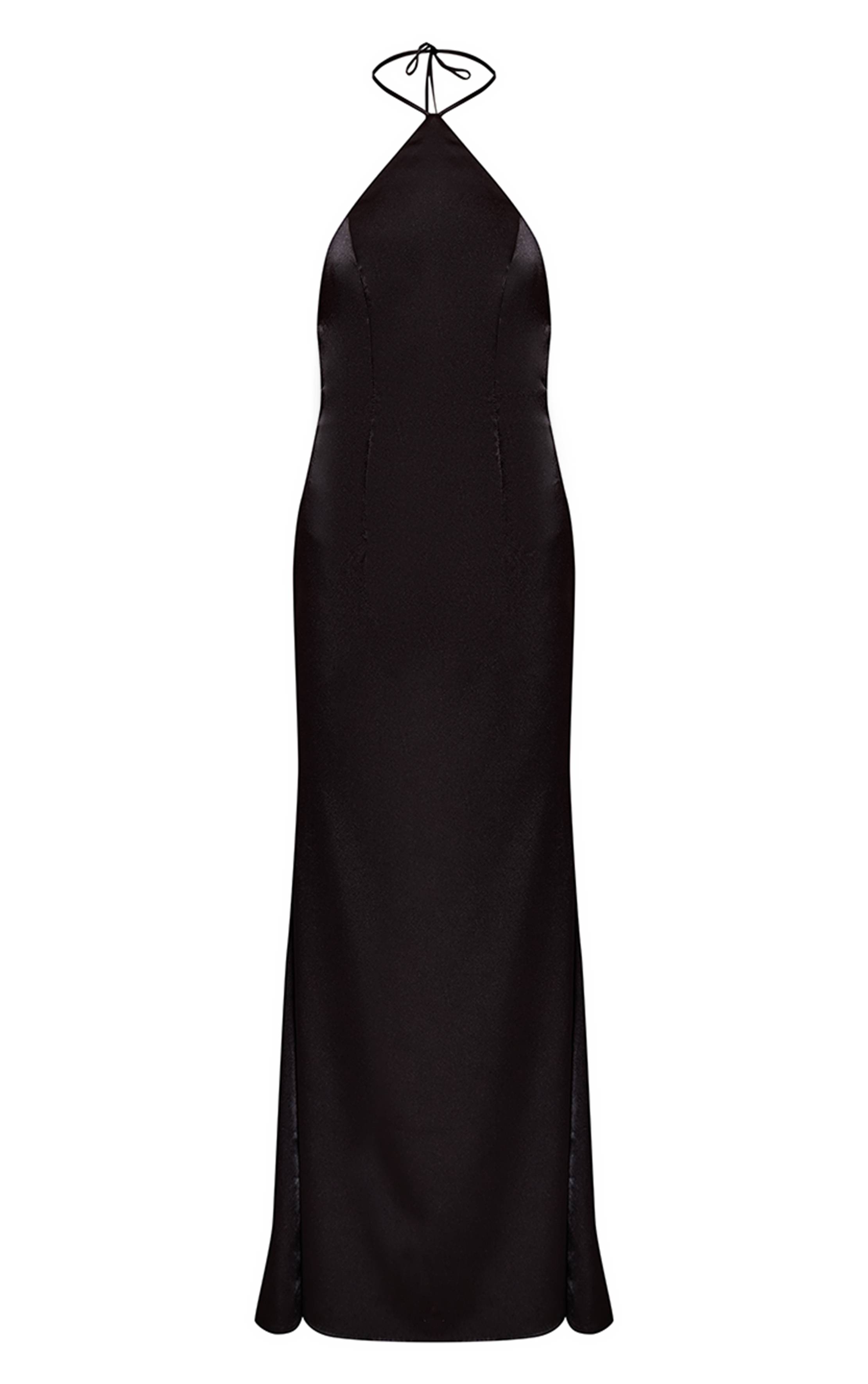 Noir Robe Longue Satinée Dos Nu Avec Col Licou Et Lien À Nouer