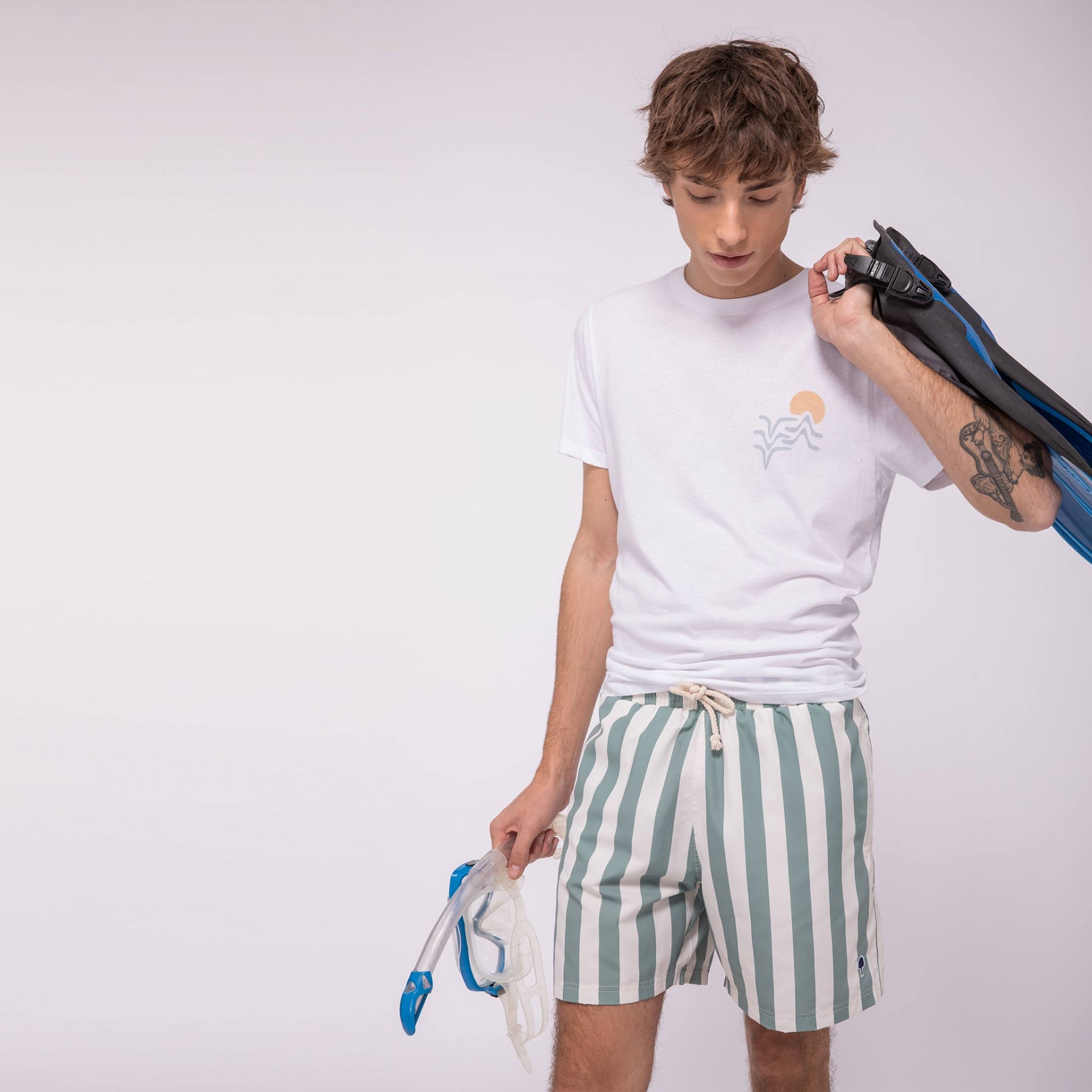 Maillot de bain écru rayé vert Polyester recyclé - modèle Mimizan