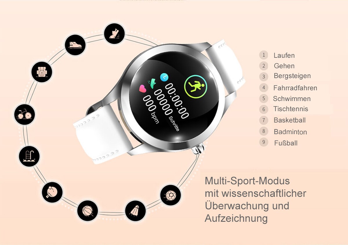 TPFNet Damen Smart Watch / Fitness Tracker IP68 - Kunstleder Armband - Android & IOS - Gold / Schwarz